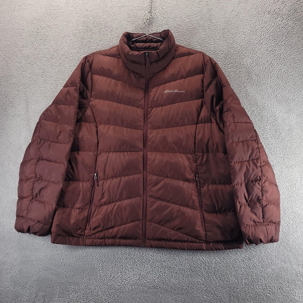 Eddie Bauer Jacket Womens 2XL Brown Chevron Down Puffer Lightweight Quilted Zip